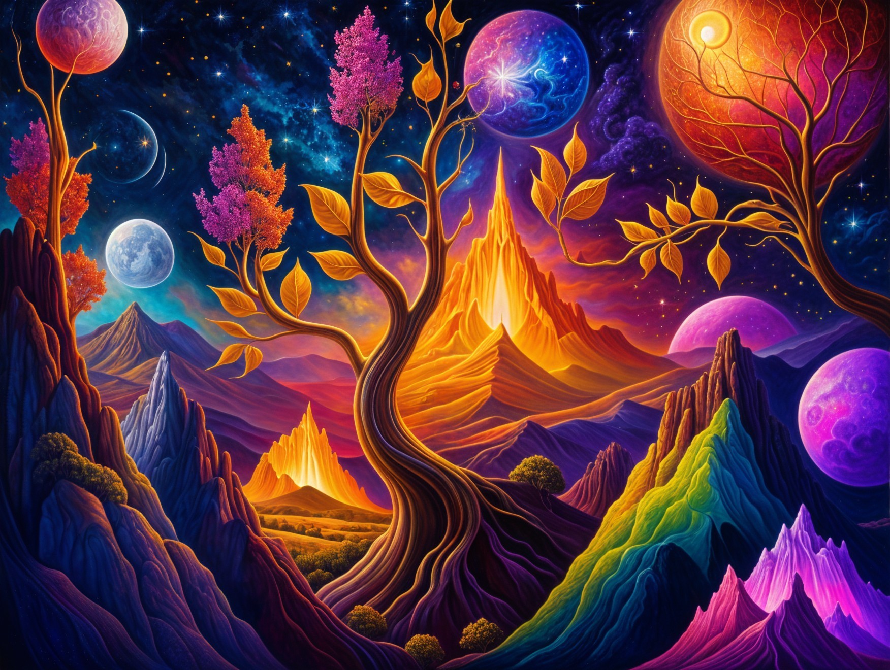 Vibrant Alien Landscape with Twisted Tree and Galaxies