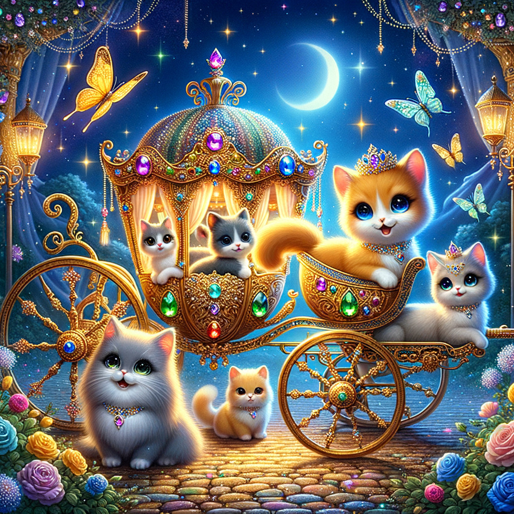 Kittens in a Jewel-Encrusted Carriage Under Stars