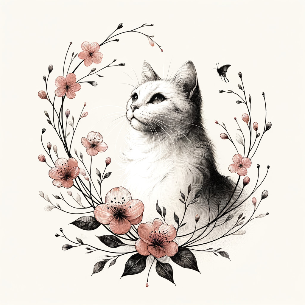 Illustration of a Cat Surrounded by Floral Elements