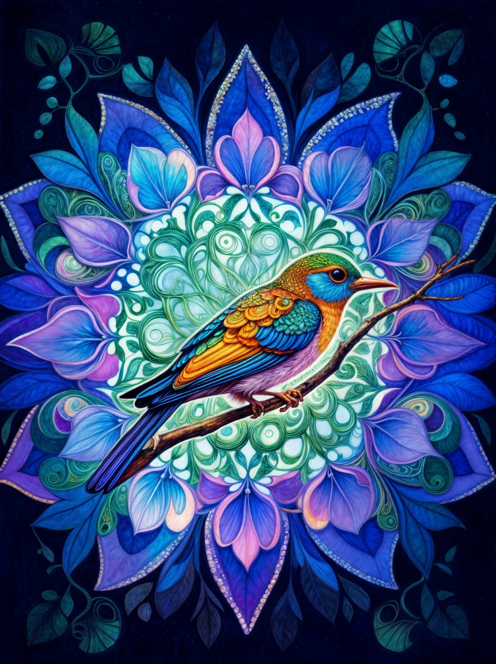 Vibrant Bird on Floral Mandala with Intricate Details