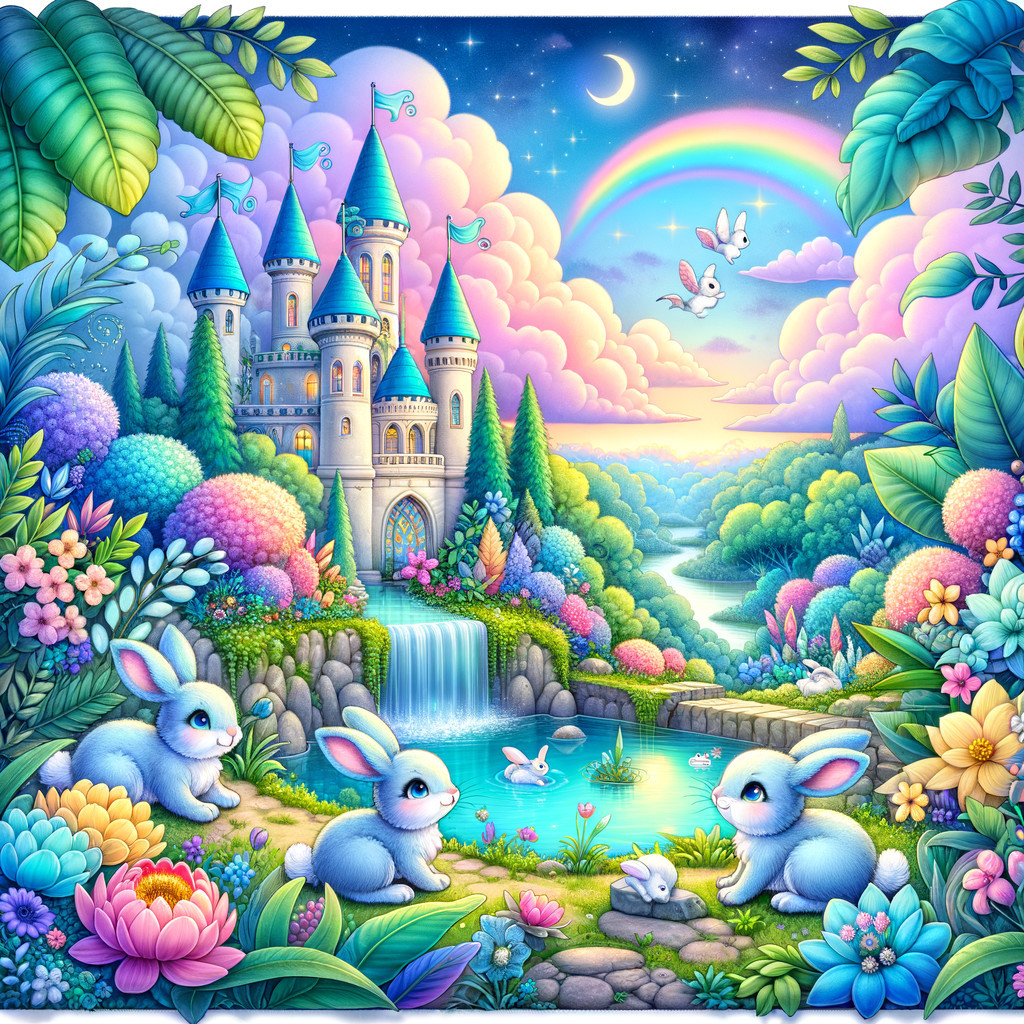 Whimsical Landscape with Castle and Playful Rabbits