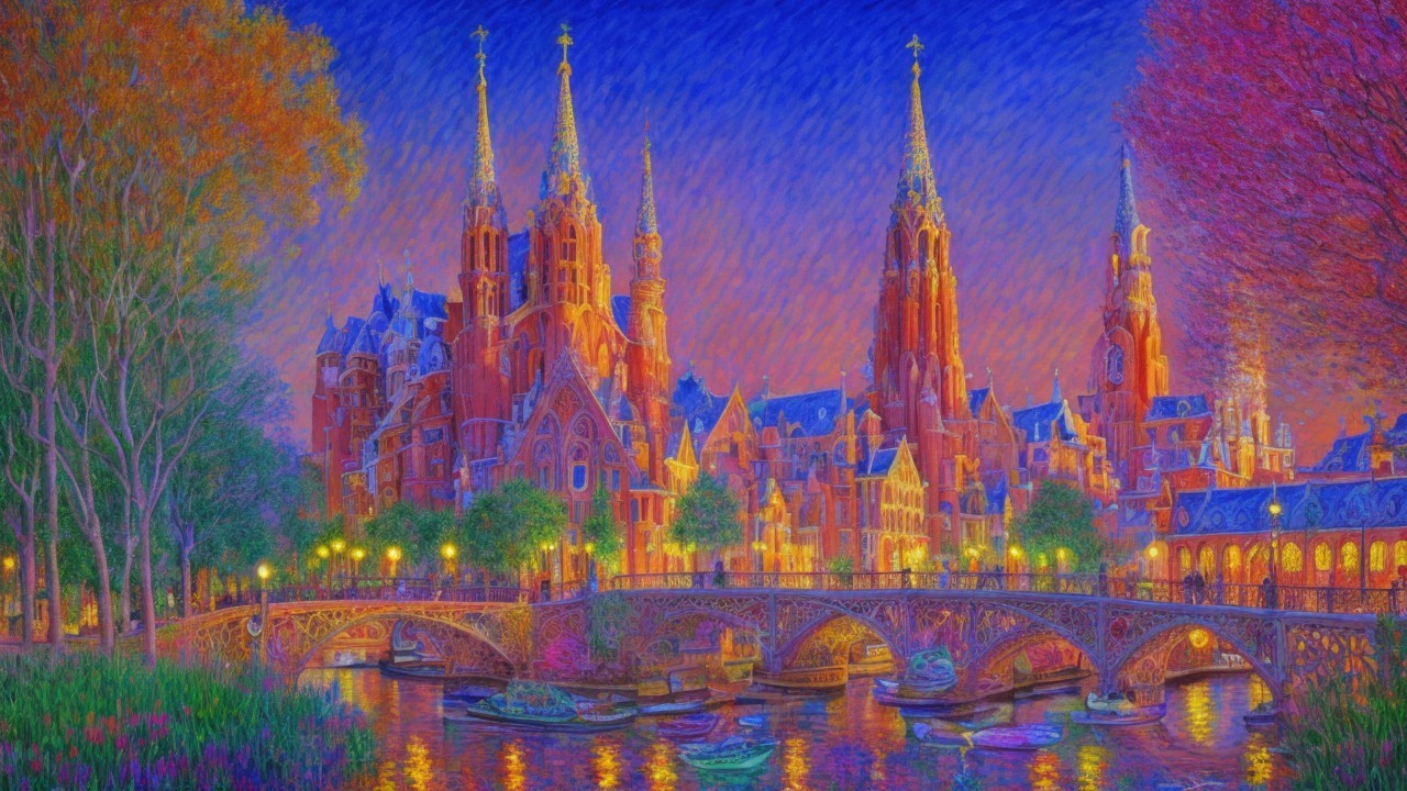 Fairy-tale castle scene with twilight sky and canal
