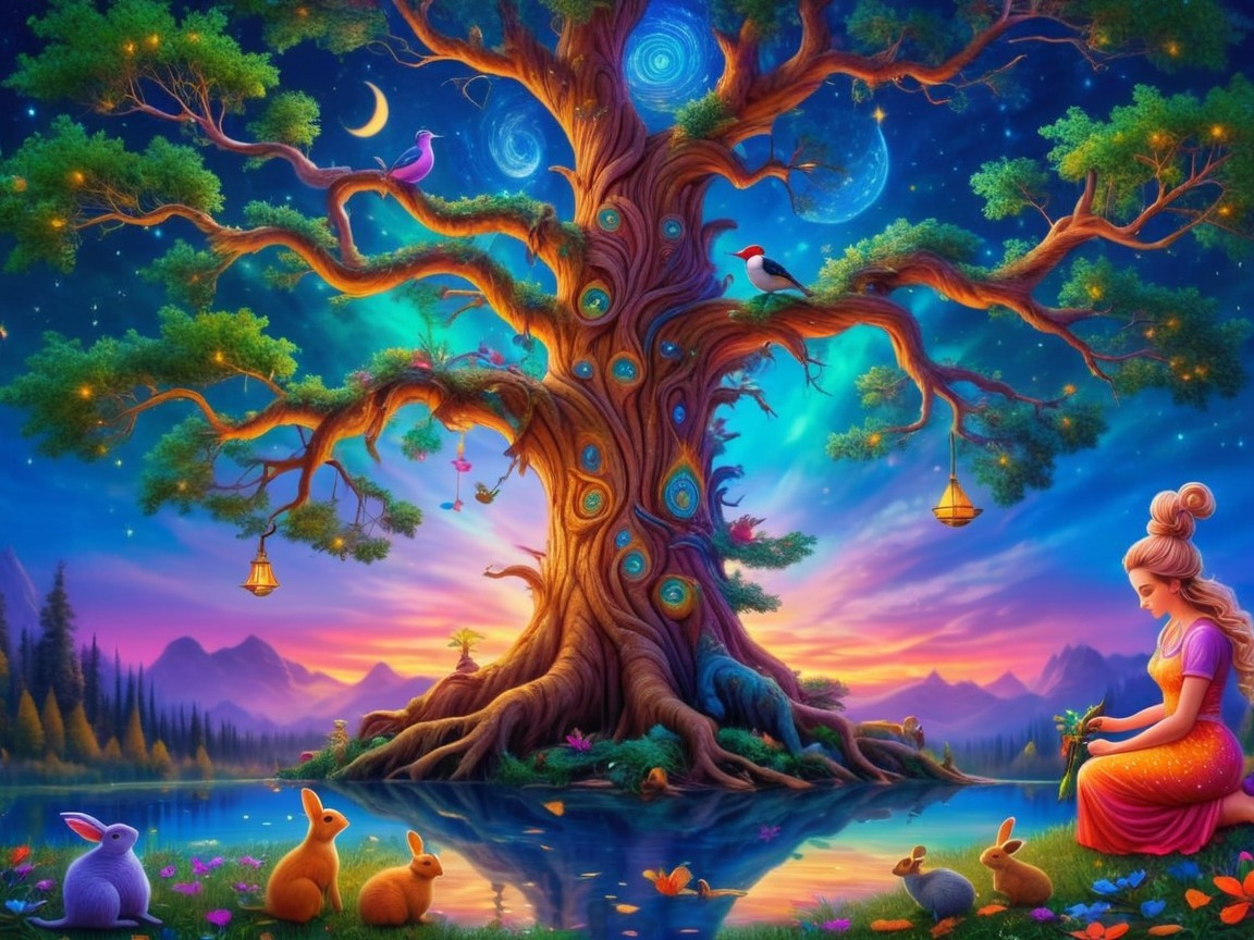 Vibrant Magical Scene with Majestic Tree and Lake