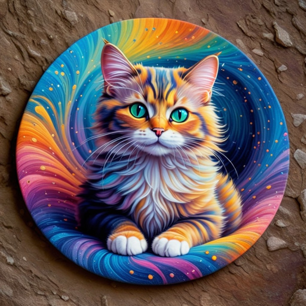 Vivid Circular Artwork of a Fluffy Calico Cat