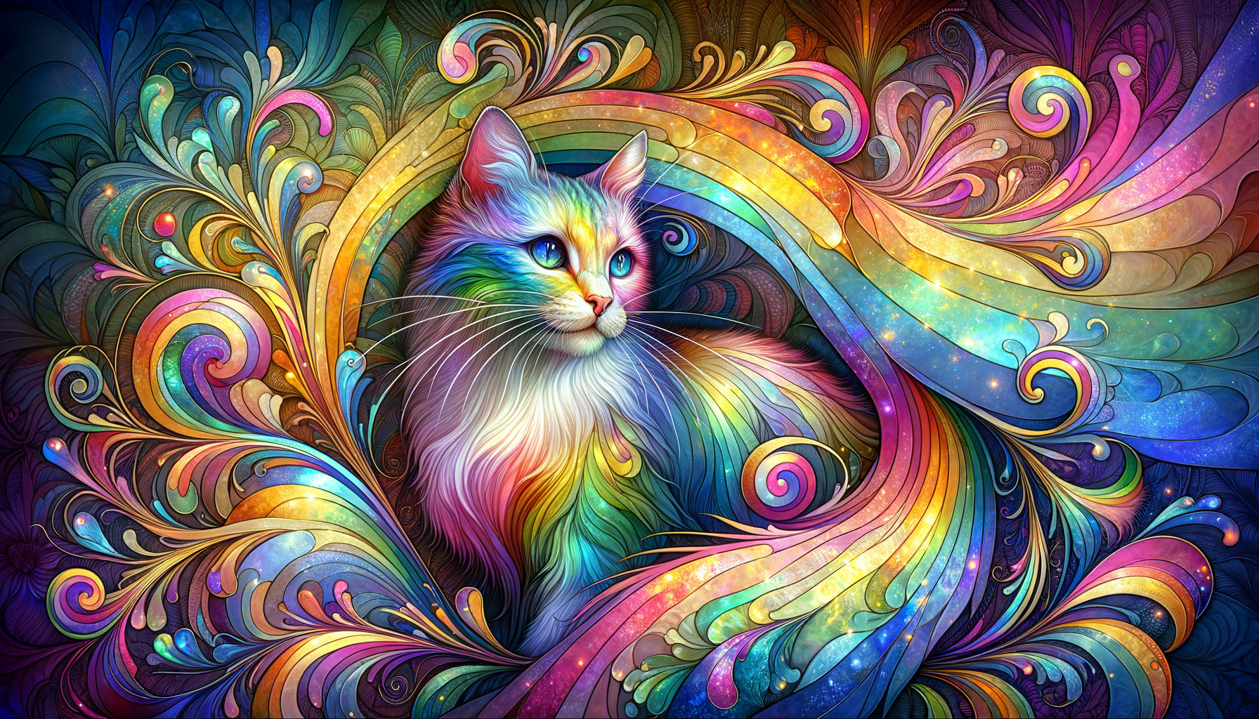 Colorful Cat Surrounded by Abstract Swirling Patterns