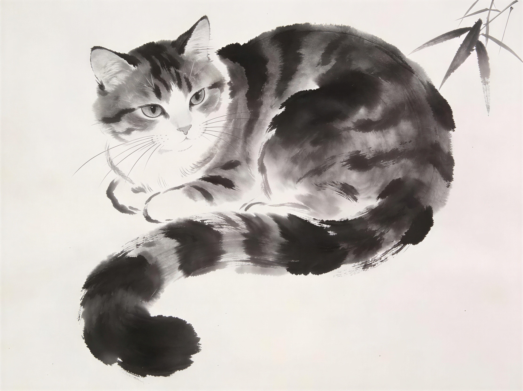 Digital Ink Wash Painting of a Fluffy Tabby Cat