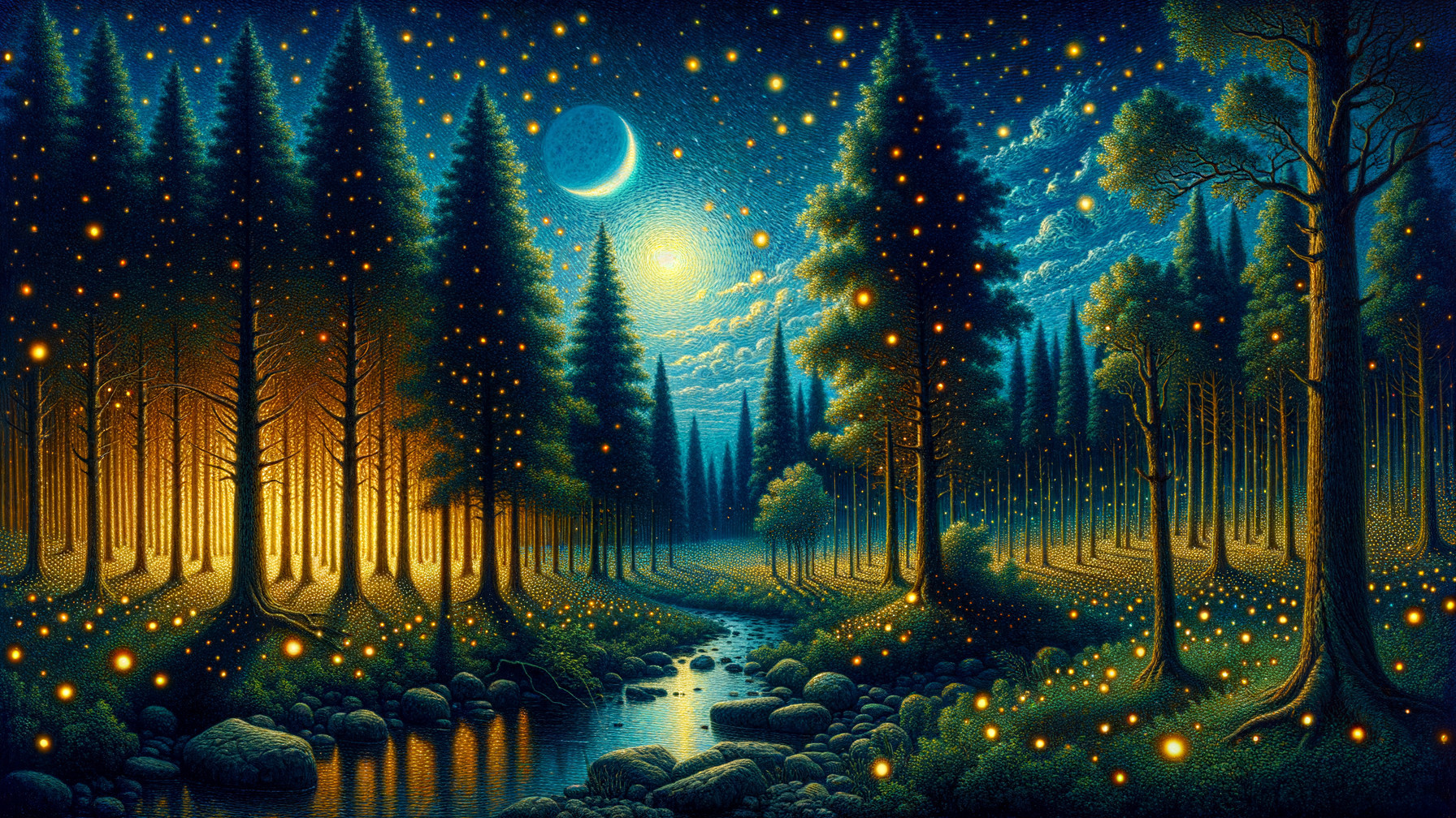 Serene forest scene with ethereal blue and golden light
