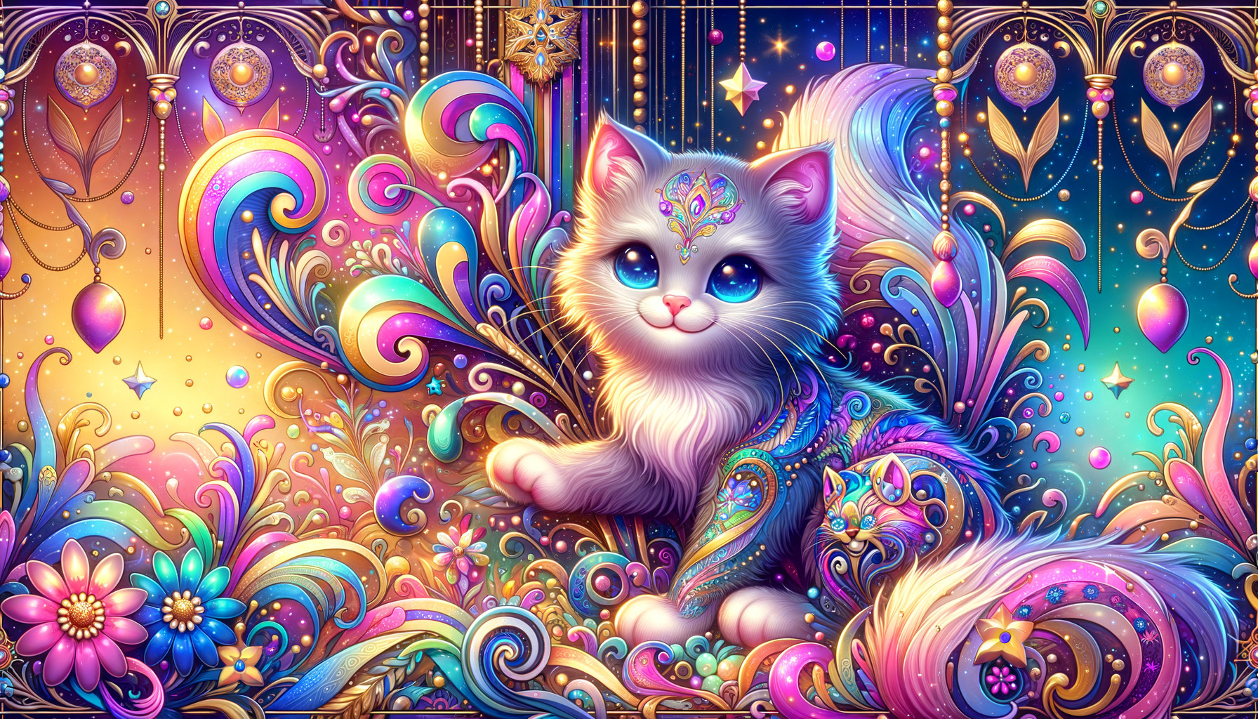 Whimsical Illustration of a Colorful Fluffy Cat