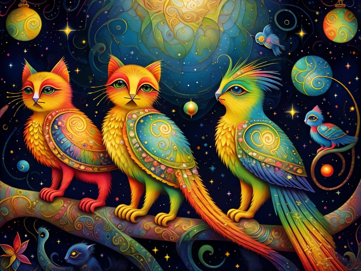 Vibrant Fantastical Creatures on Cosmic Branch