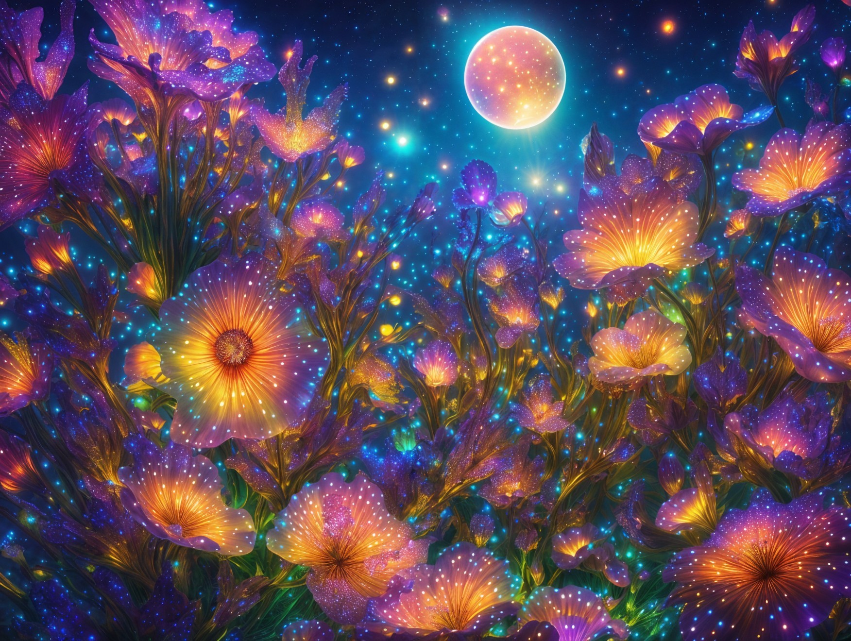 Cosmic Garden with Luminescent Flowers and Moonlight