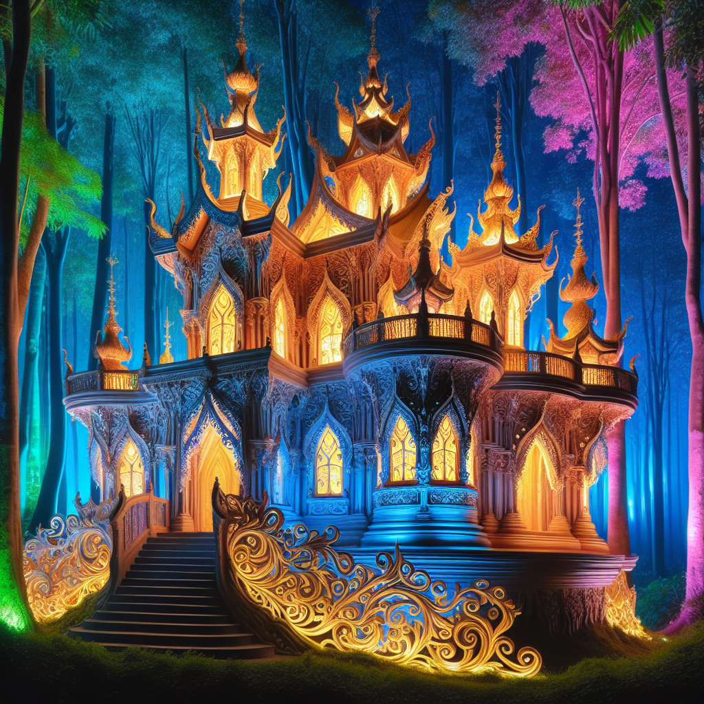 Ornate palace in a mystical forest with vibrant colors