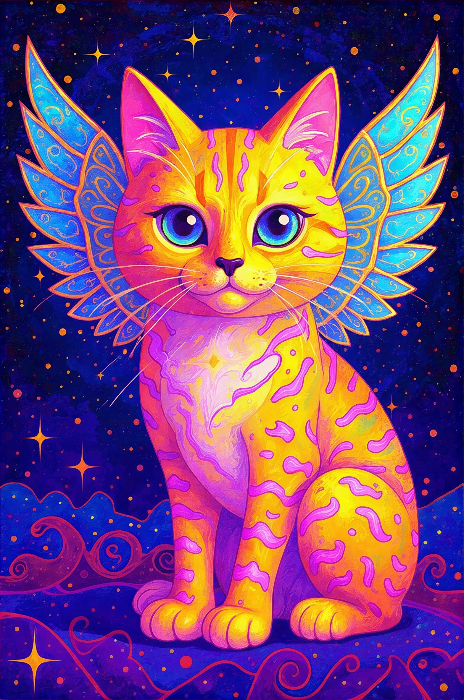 Whimsical Cat with Wings in Psychedelic Art Style