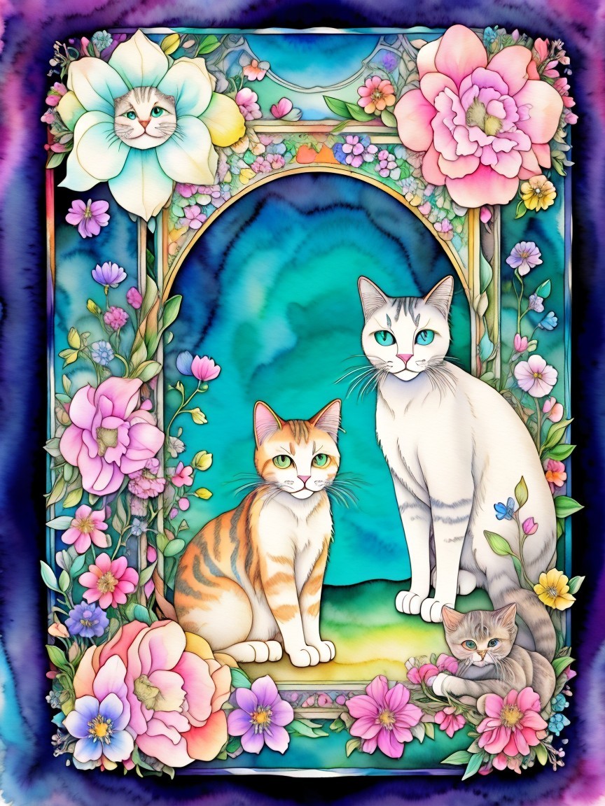 Colorful Illustration of Three Cats in Floral Setting