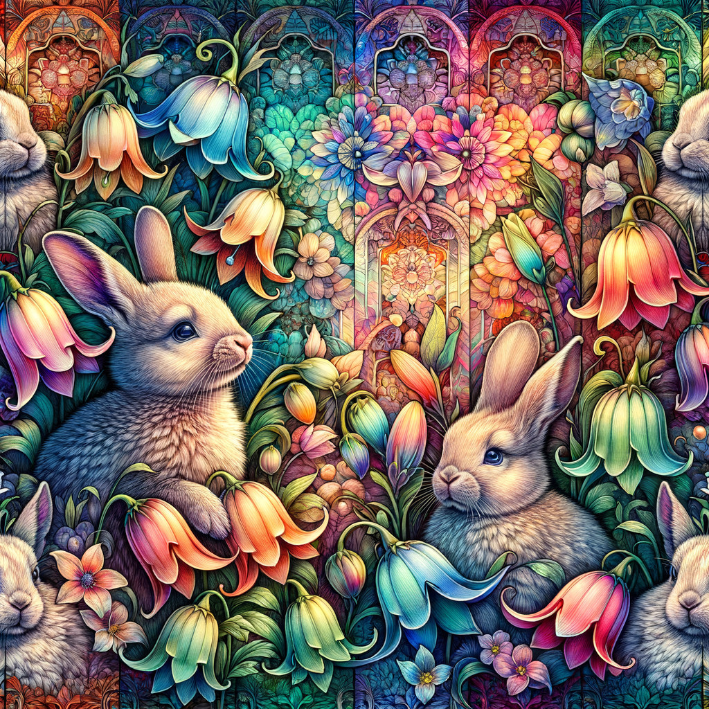 Colorful Floral Pattern with Whimsical Bunnies