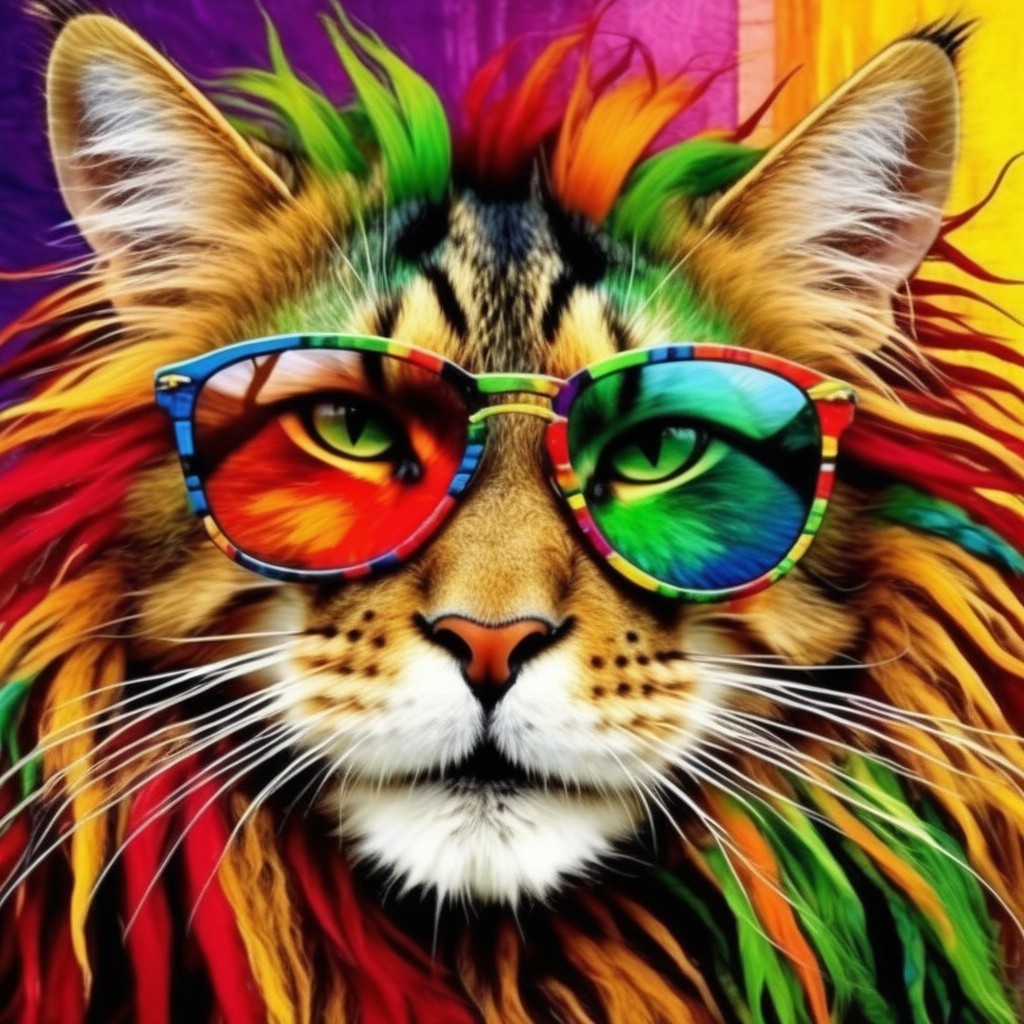 Colorful Lion with Oversized Sunglasses in Rainbow Background