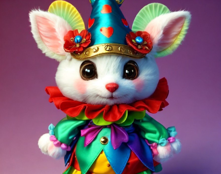 Whimsical Plush Bunny in Colorful Clown Outfit