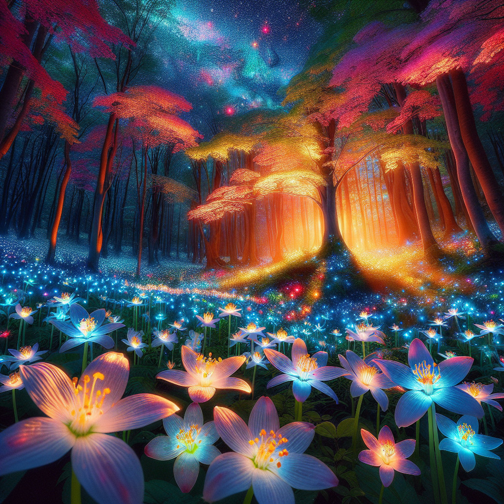 Magical forest with twilight glow and vibrant colors