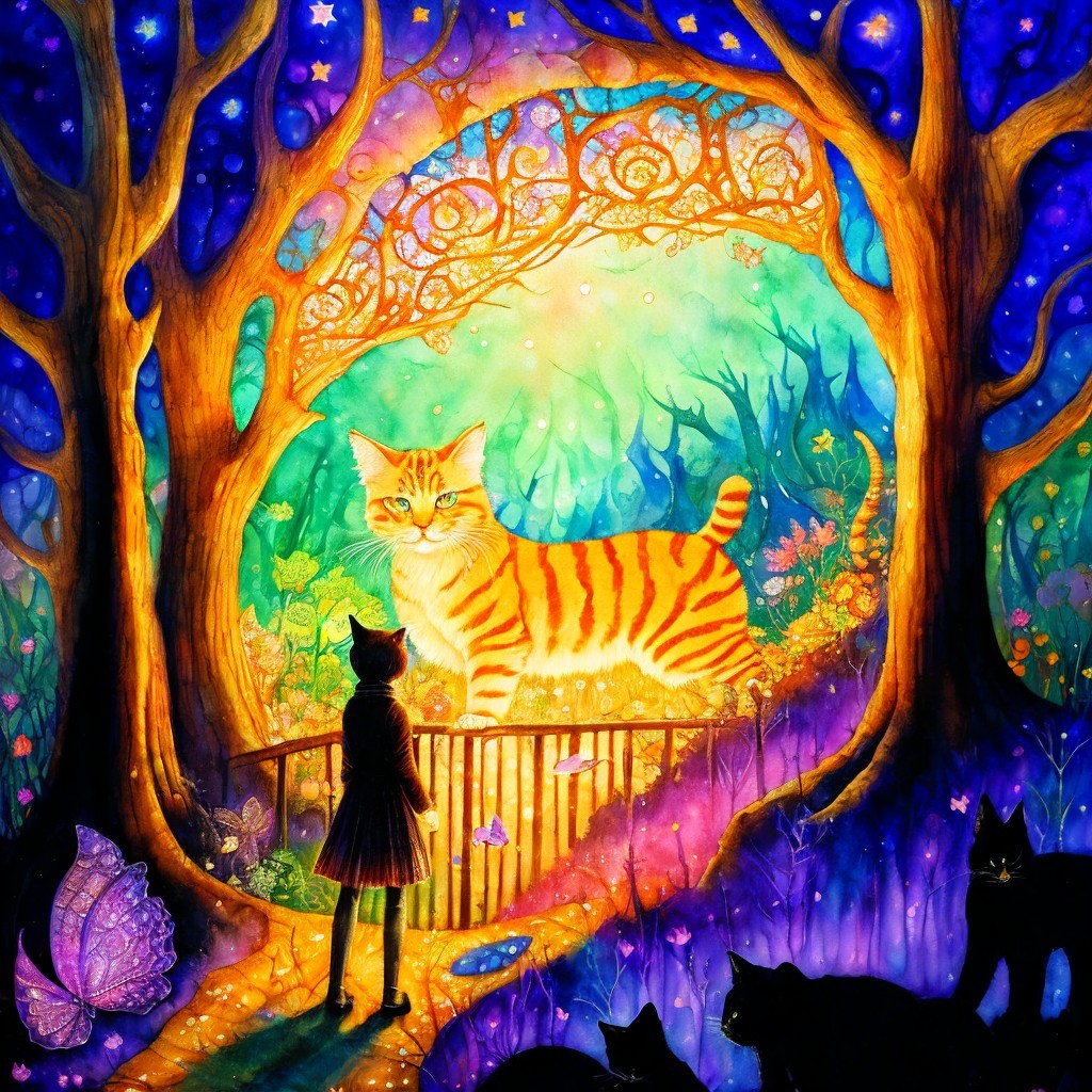 Whimsical Forest Scene with Giant Orange Tabby Cat