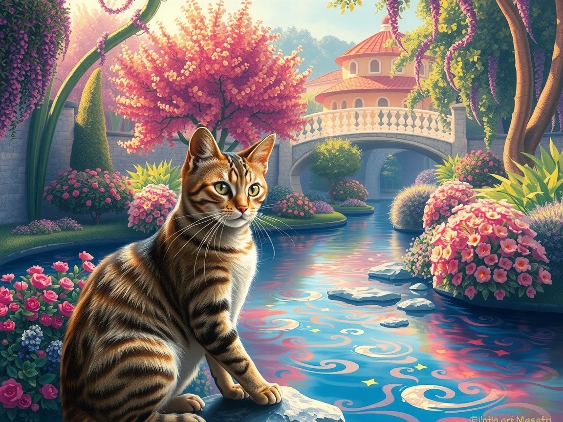 Bengal Cat by Colorful Stream and Elegant Mansion