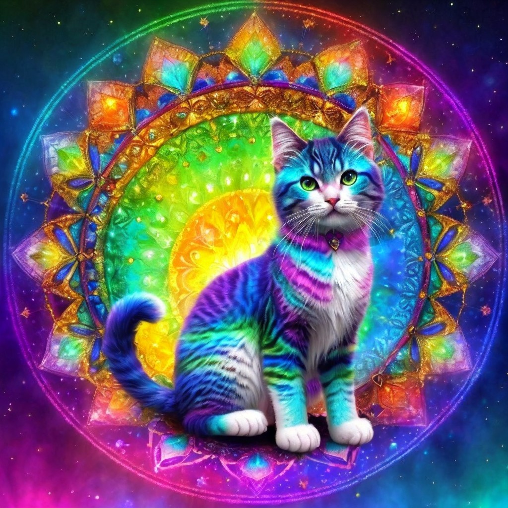 Multicolored Cat Against Psychedelic Mandala Background