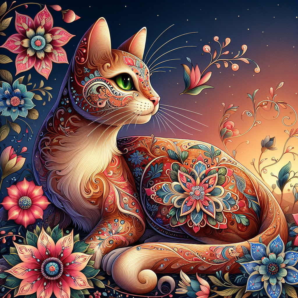 Decorative Cat with Floral Patterns in Twilight Glow