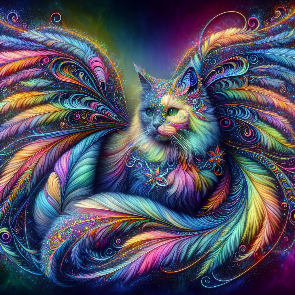 Vibrant Cat with Colorful Wings in Cosmic Setting