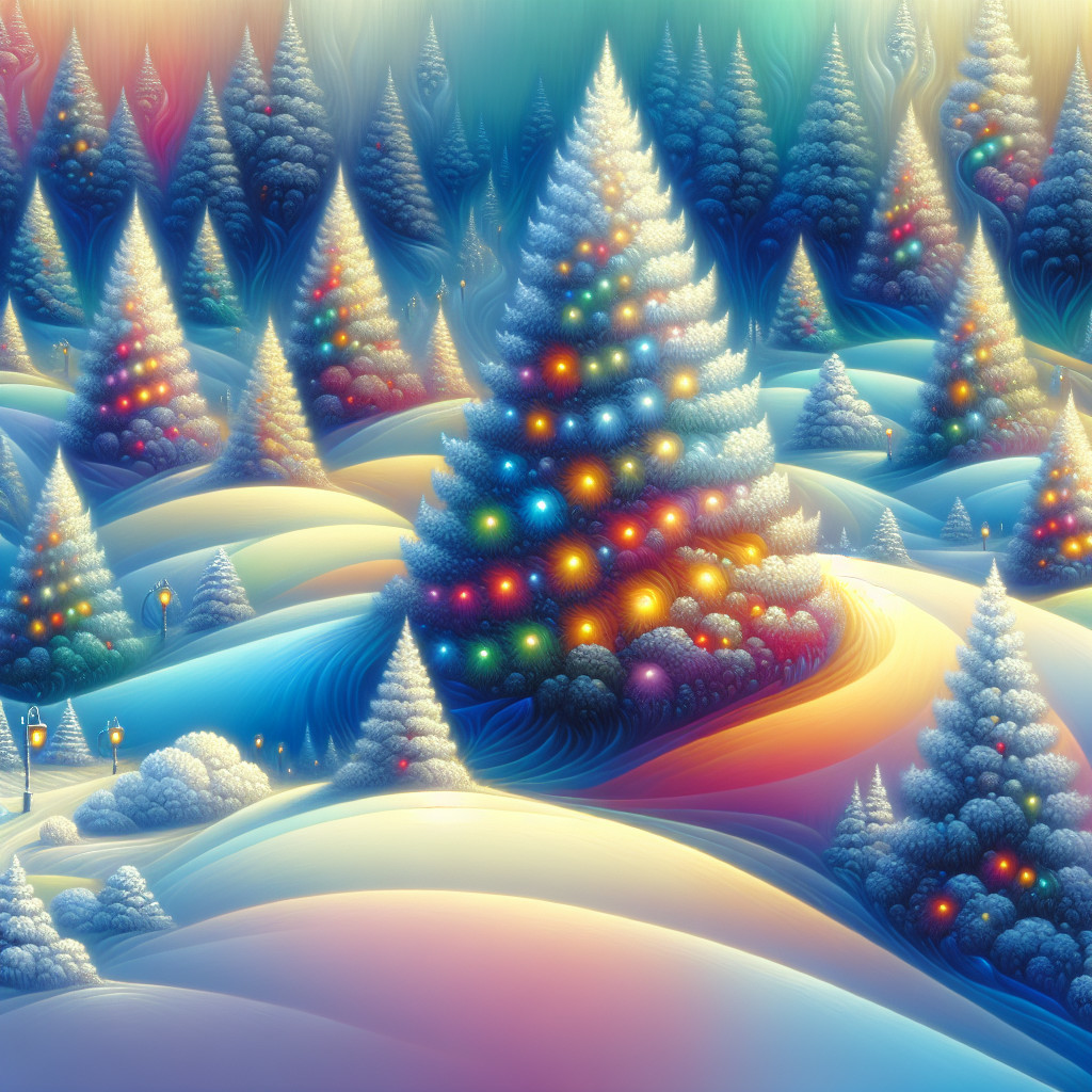 Whimsical Winter Landscape with Colorful Christmas Trees