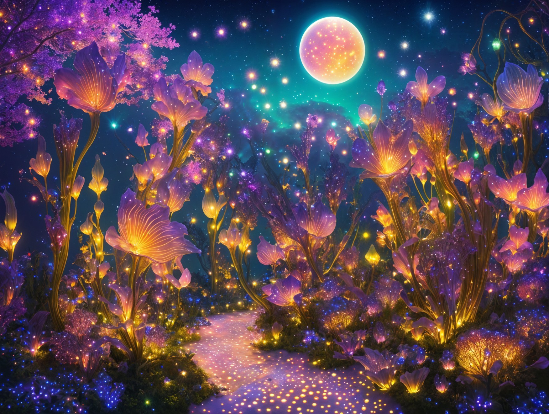 Whimsical Night Scene in a Vibrant Garden