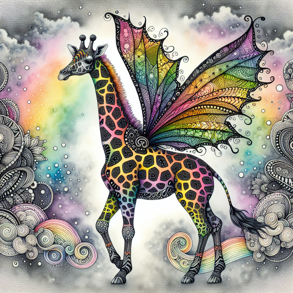Whimsical Giraffe with Butterfly Wings in Dreamy Setting