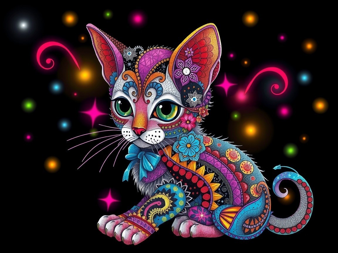 Colorful Intricate Cat Design with Floral Patterns