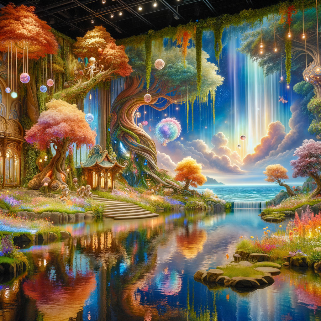 Vibrant Fantasy Landscape with Serene Lake and Waterfalls