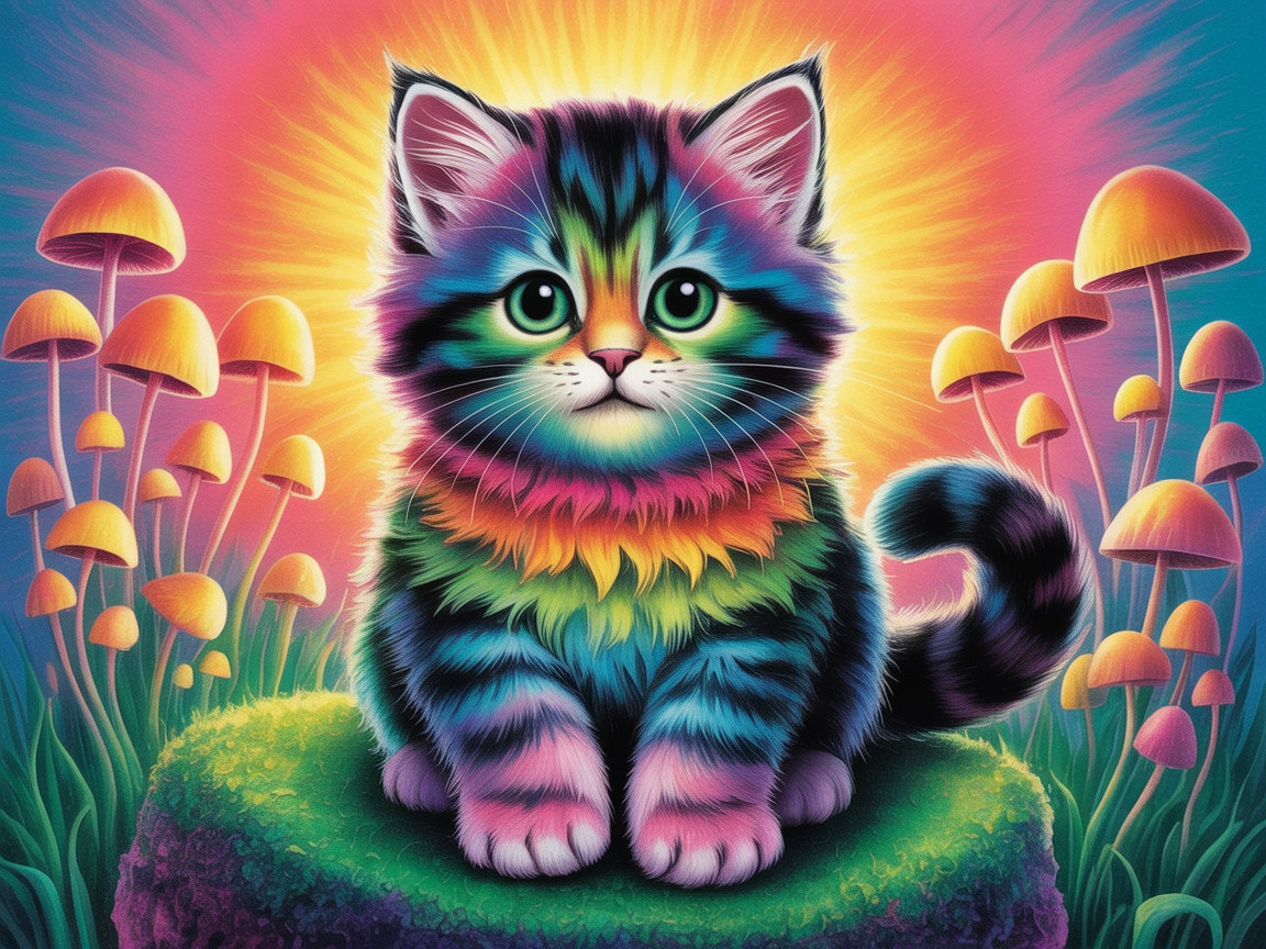 Colorful Kitten on Green Patch with Fantasy Elements