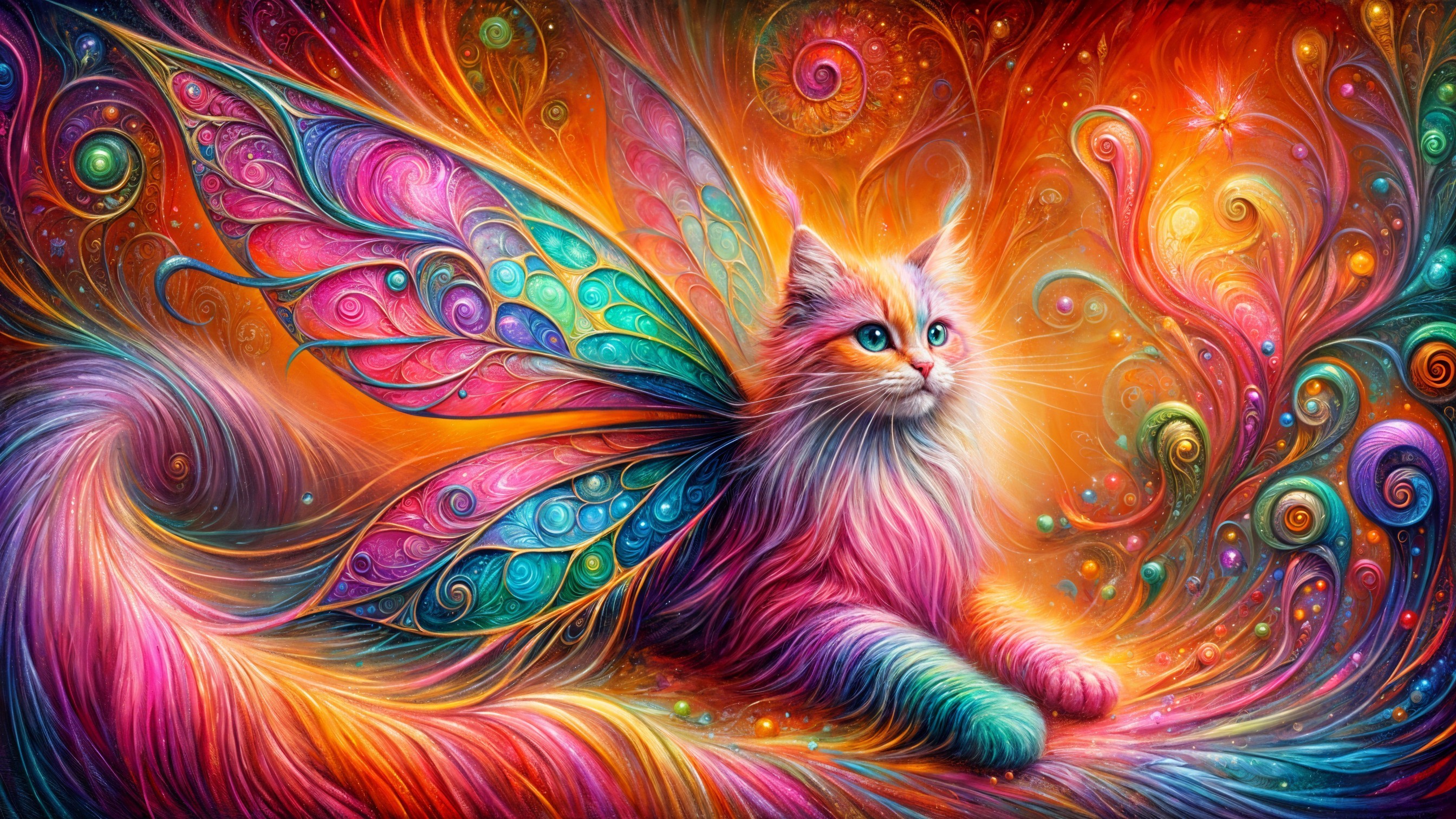 Whimsical Cat with Colorful Fur and Intricate Wings