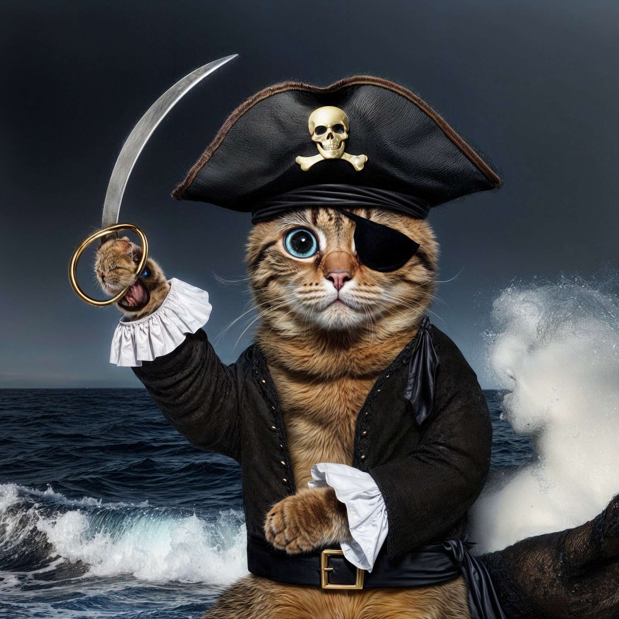 Whimsical Pirate Cat in Classic Costume at Ocean's Edge