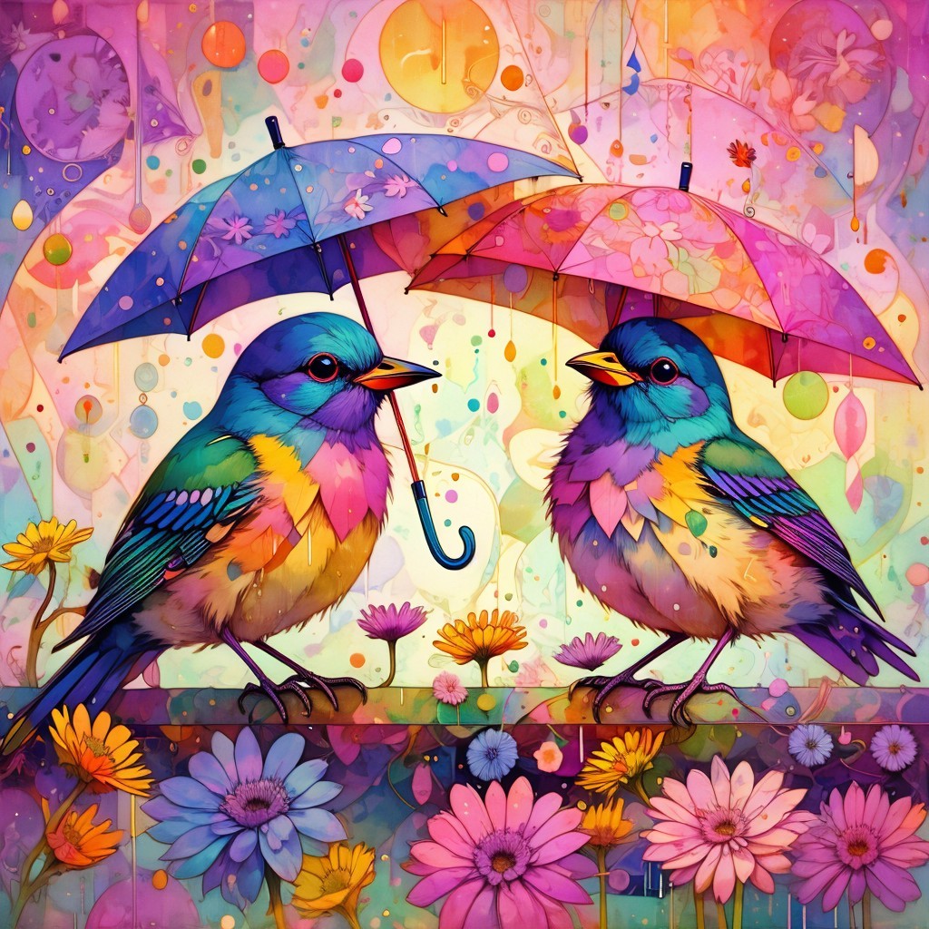 Vibrant Birds Under Colorful Floral Umbrellas
