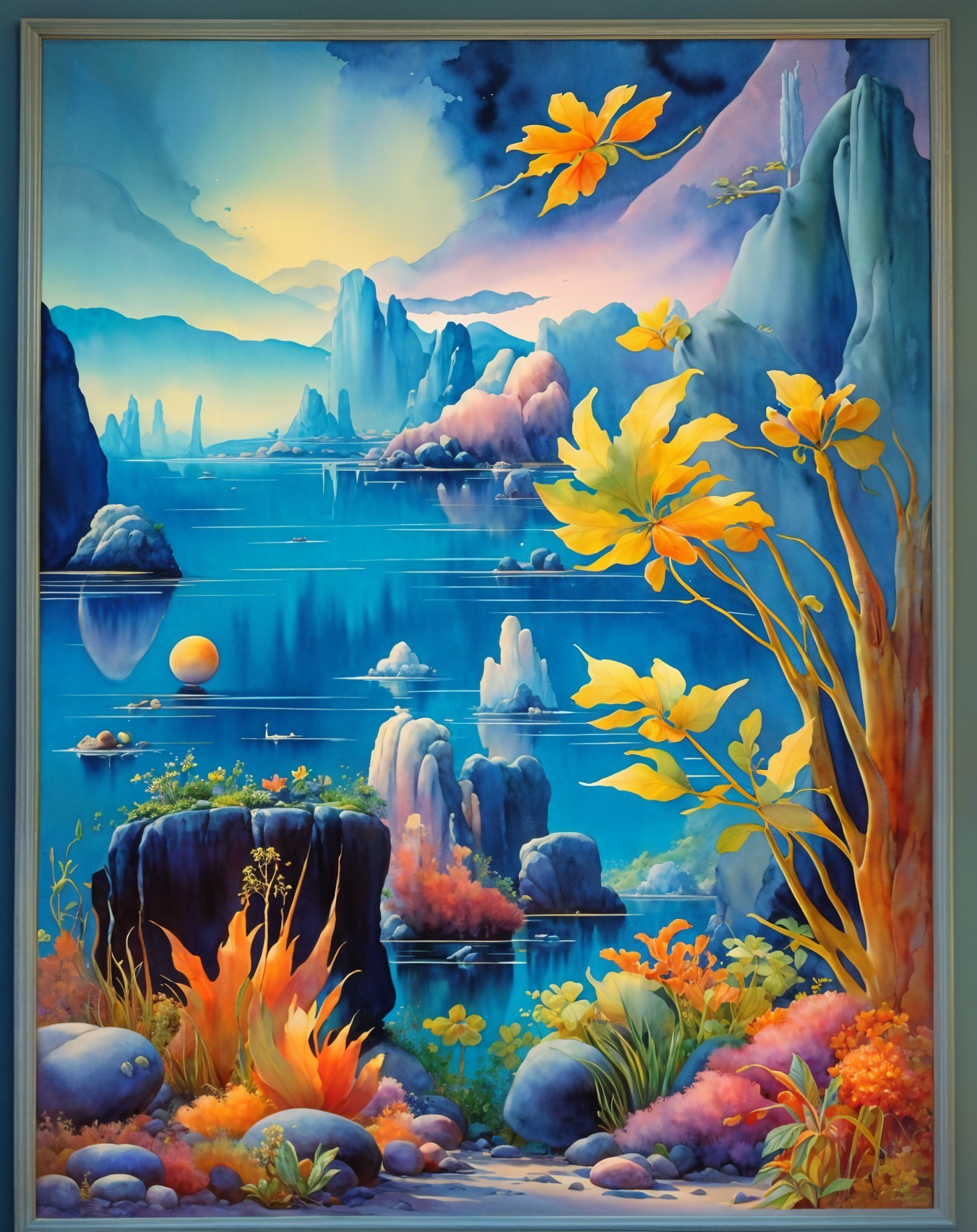 Vibrant Landscape with Blue Lake and Mountains