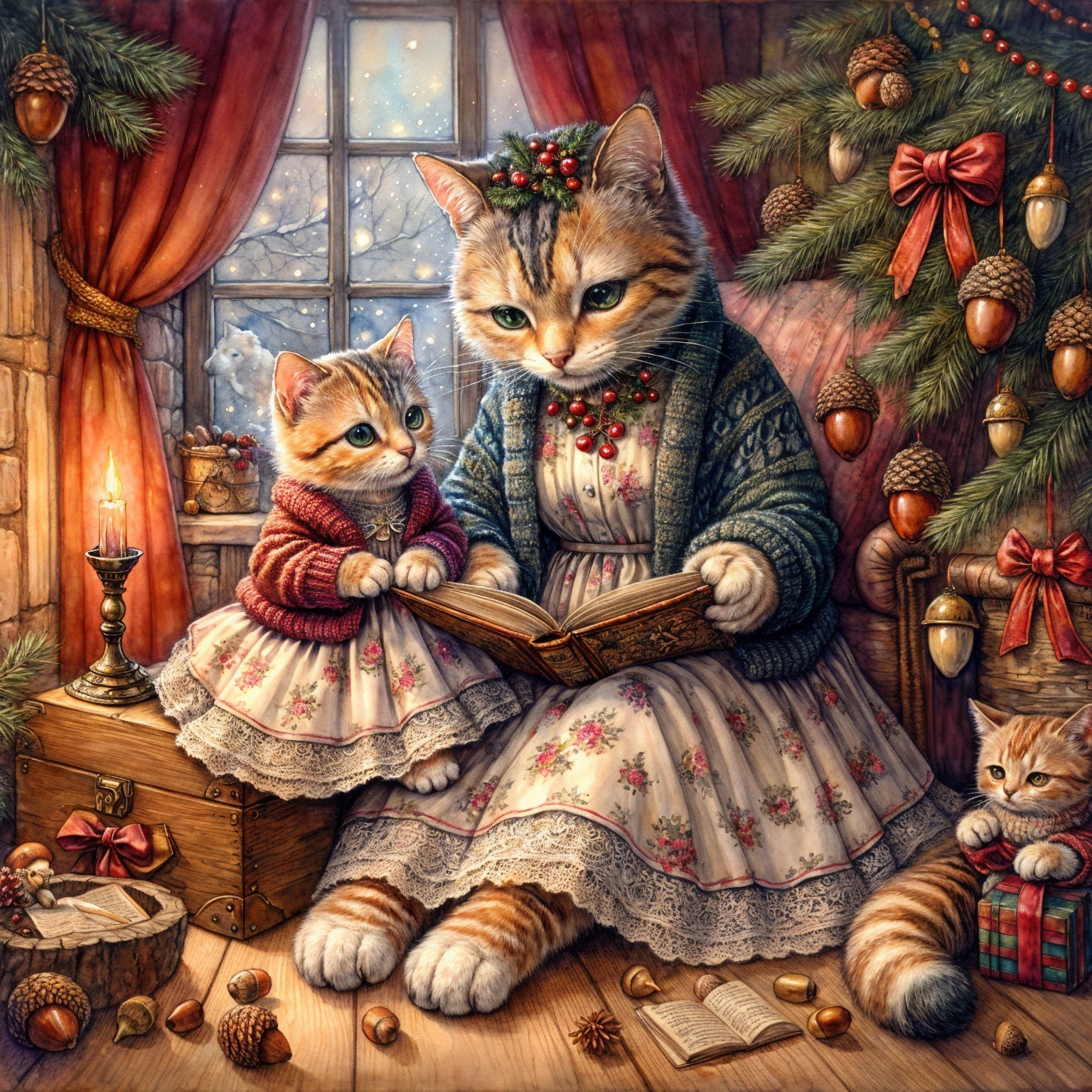 Cozy Holiday Scene with Cat and Kitten by Window
