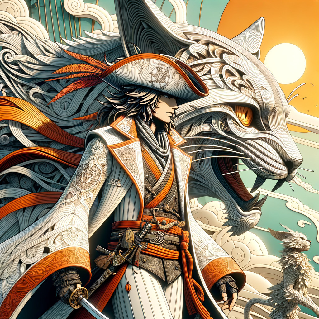 Stylized Pirate Character with Mythical Cat at Sunset