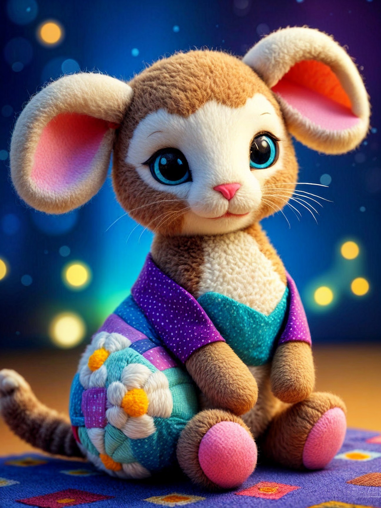Adorable Plush Mouse Toy on Colorful Quilt Background