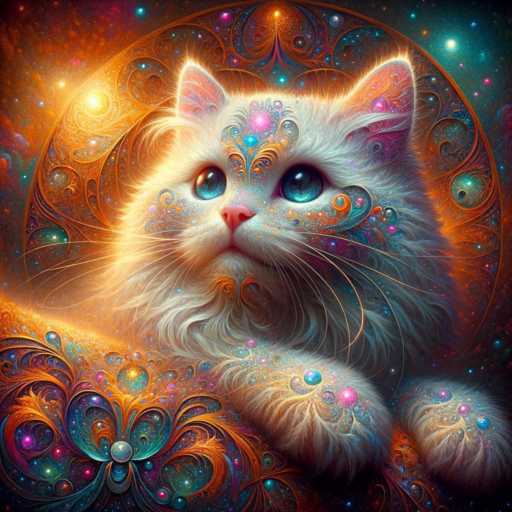 Whimsical Cat with Fractal Patterns in Cosmic Colors