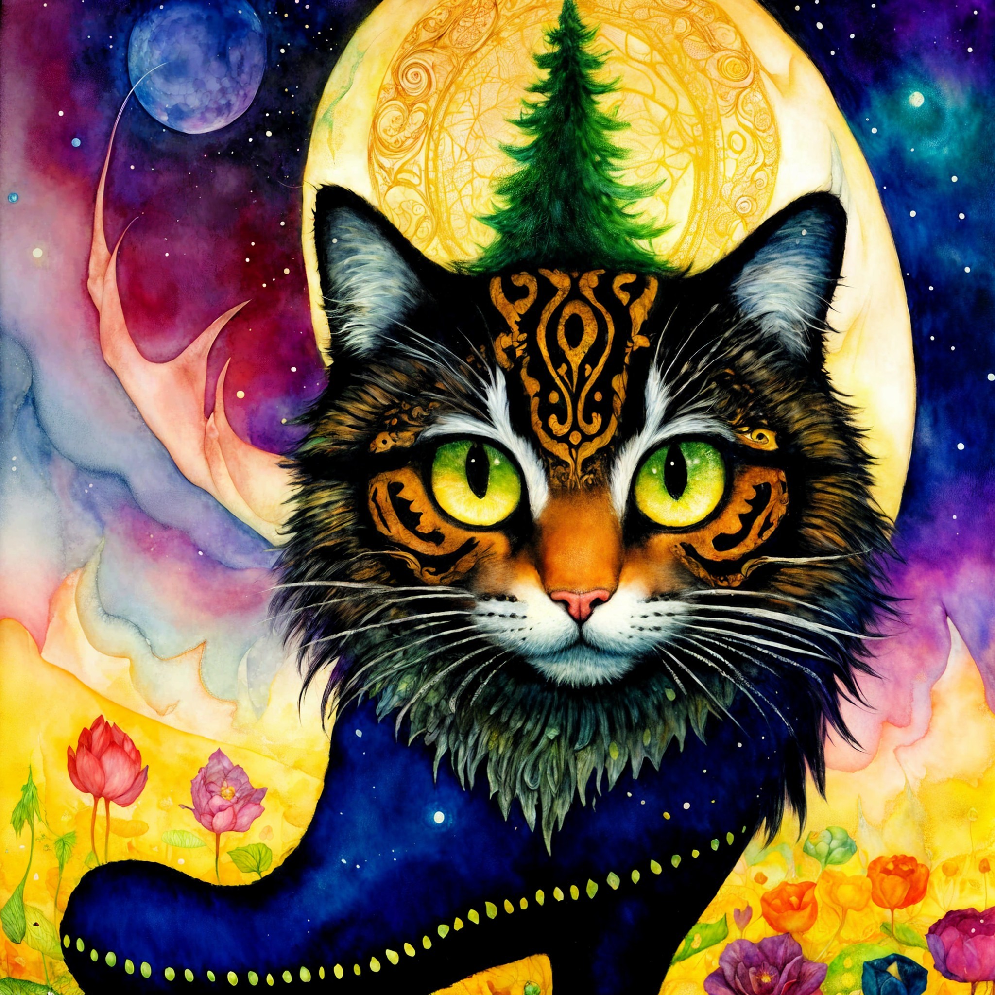 Majestic Cat Illustration with Tribal Patterns and Colors