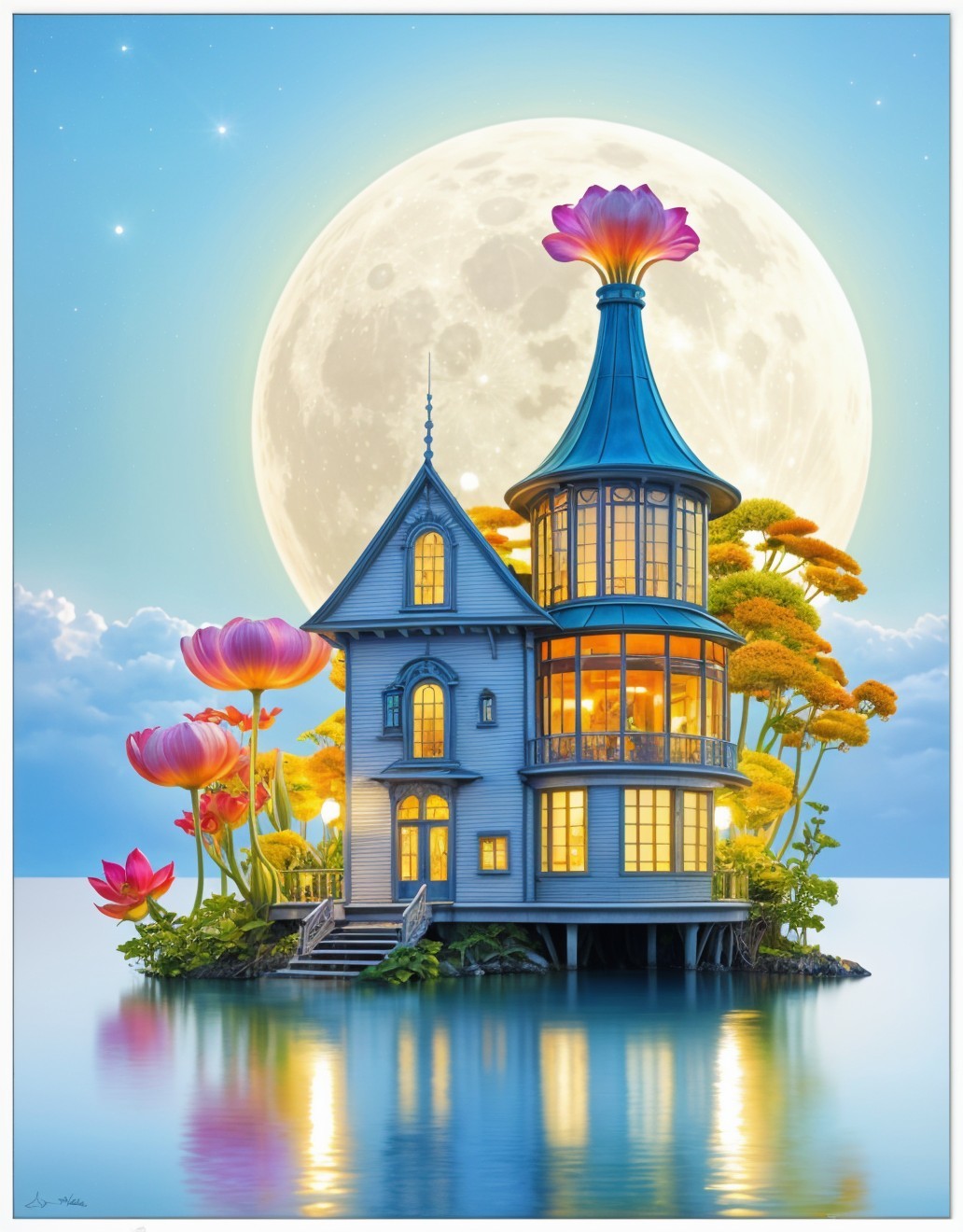 Whimsical Light Blue House with Lotus Flowers on Water