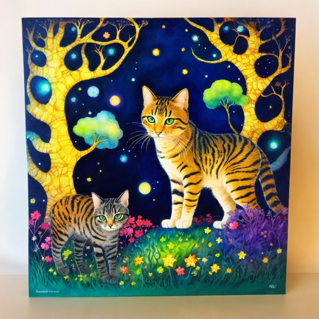 Vibrant Cats in a Mystical Night Sky Setting