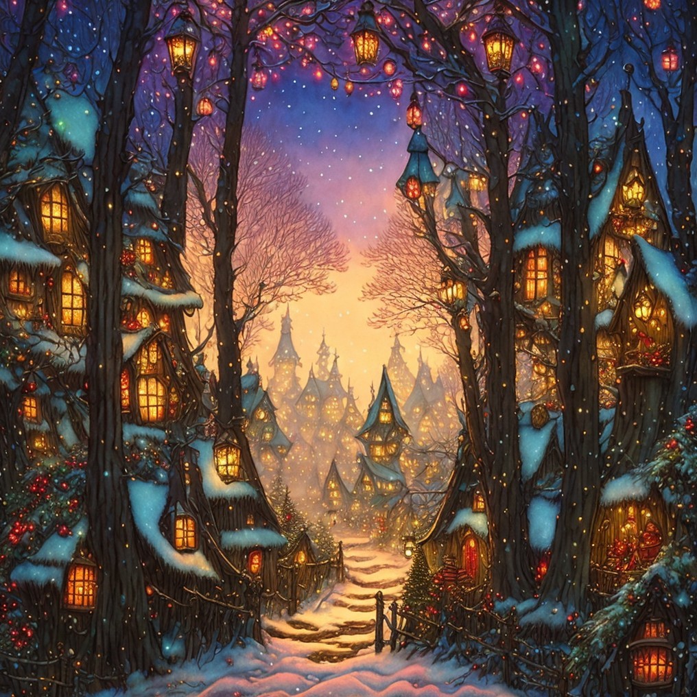 Enchanting Winter Village with Snow and Fairy Lights