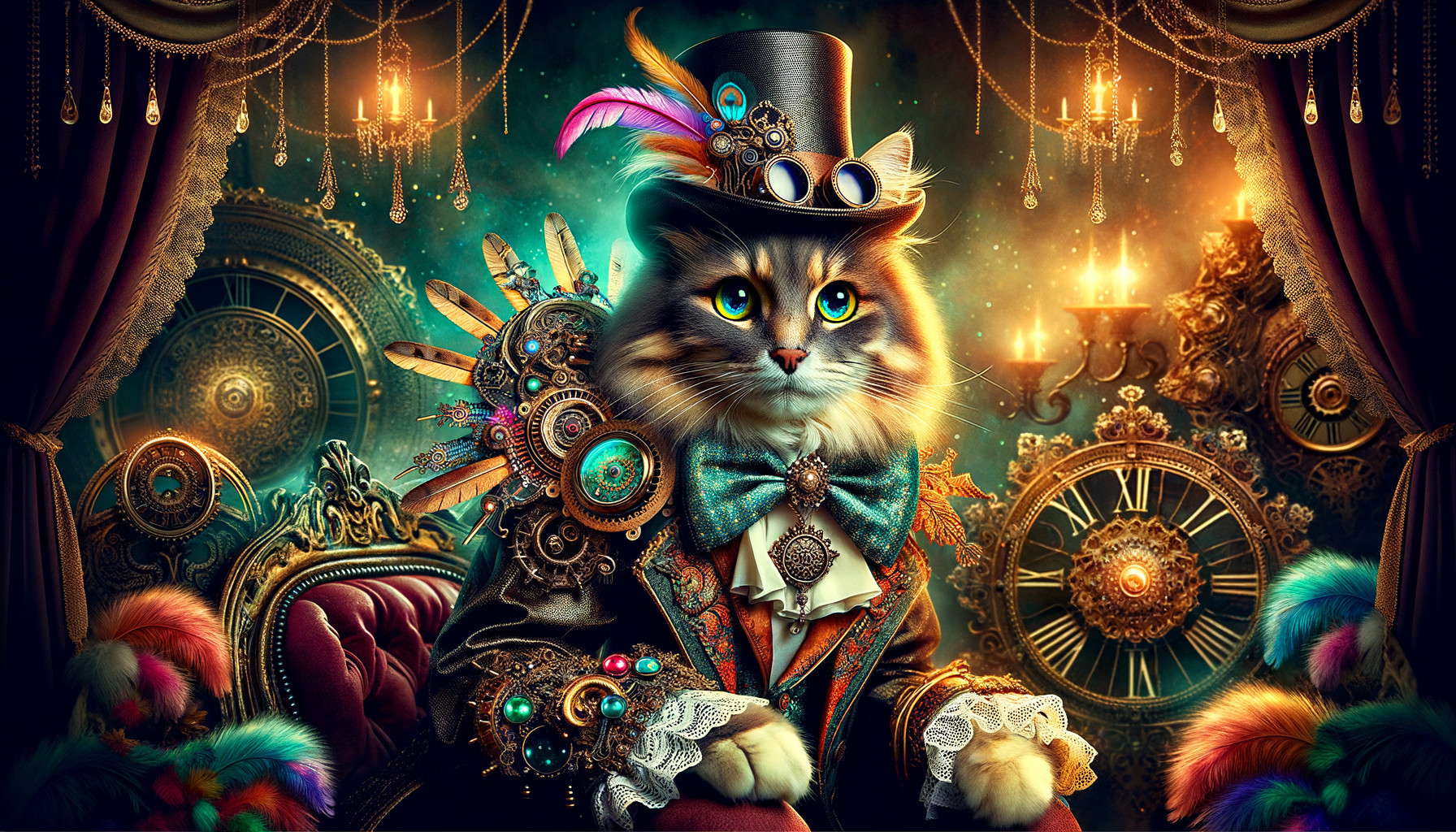 Regal Cat in Steampunk Outfit in Opulent Room