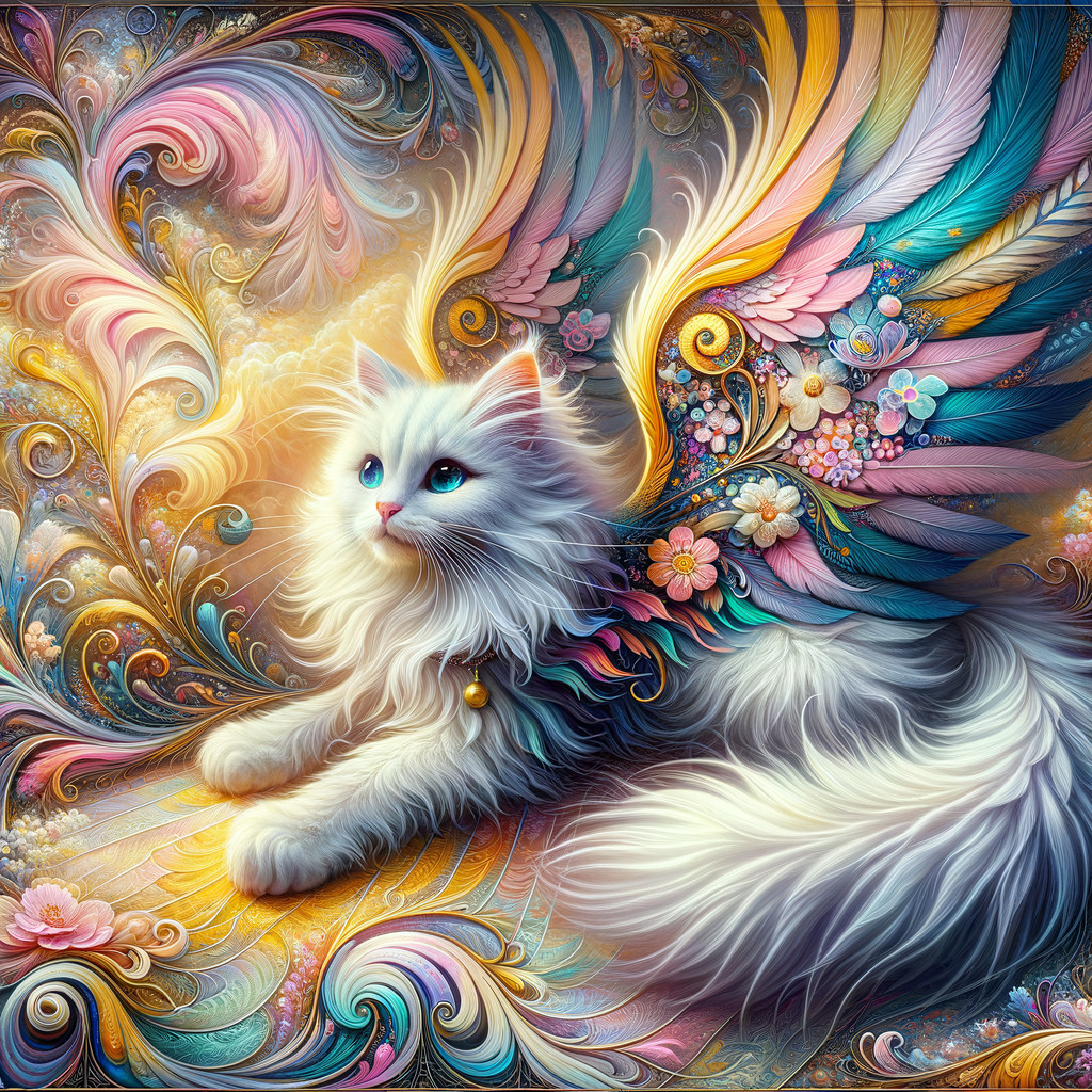 Majestic white cat with colorful feathered wings