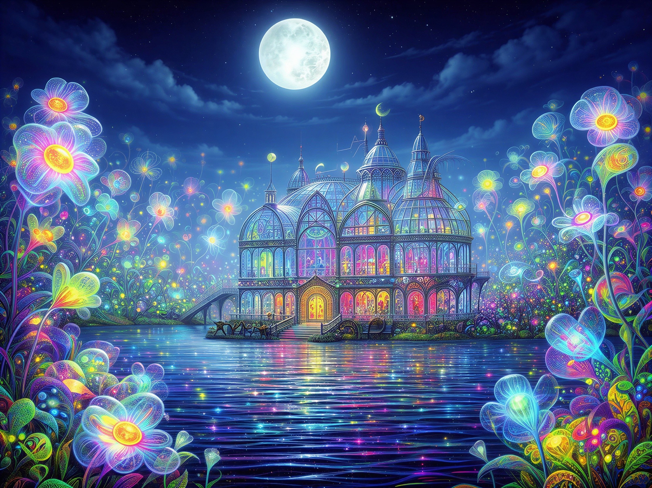 Bioluminescent garden with neon flowers and conservatory