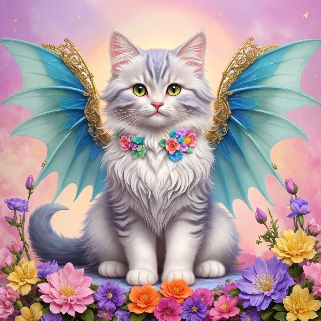 Whimsical Cat with Wings and Floral Collar in Pastels