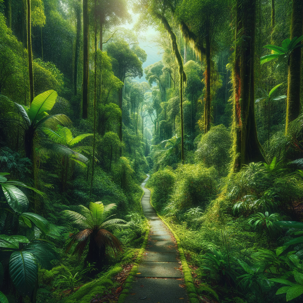 Serene jungle scene with lush greenery and sunlight