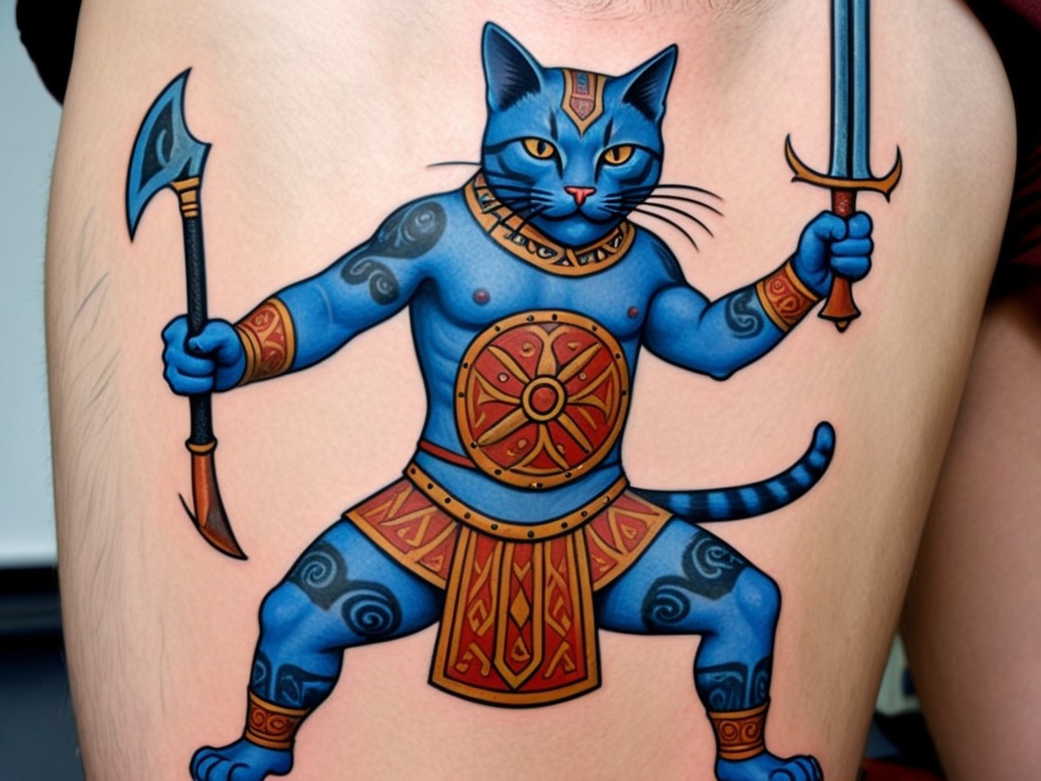 Vibrant Blue Cat Warrior Tattoo Design Description